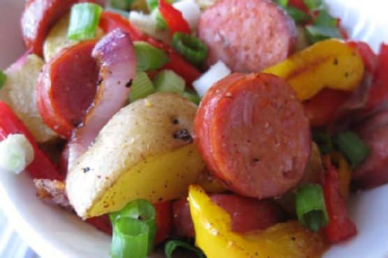 Spicy Maple Andouille Sausage and Sweet Potato Hash recipe by Meaghan Moineau