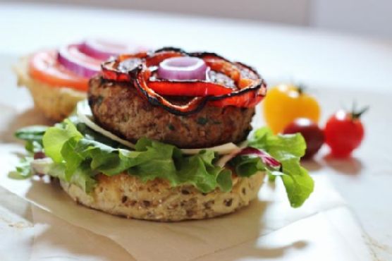Gourmet Turkey Burgers with Roasted Red Pepper and Feta recipe by Meaghan Moineau