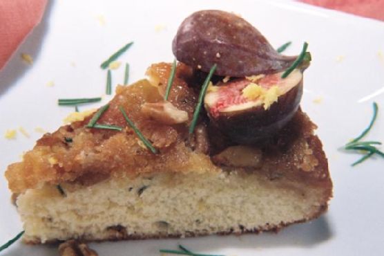 Caramelized Fig and Walnut Upside-Down Cake with Rosemary-Honey Drizzle recipe by Meaghan Moineau