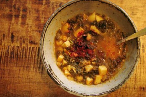 Moroccan Spiced Kale and Chickpea Stew with Harissa and Apricots recipe by Meaghan Moineau