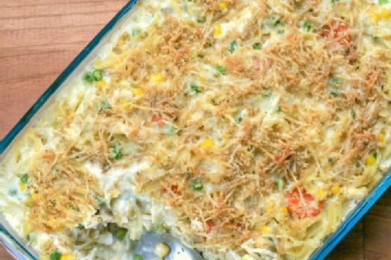 Savory Herb-Infused Chicken Noodle Casserole with Truffle Panko Crust recipe by Meaghan Moineau