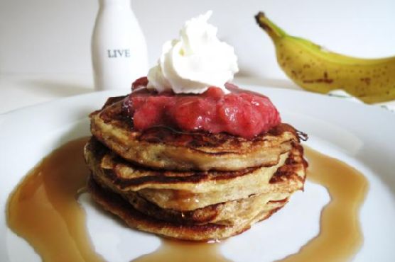 Strawberry-Banana Pancakes with Honey-Almond Drizzle recipe by Meaghan Moineau