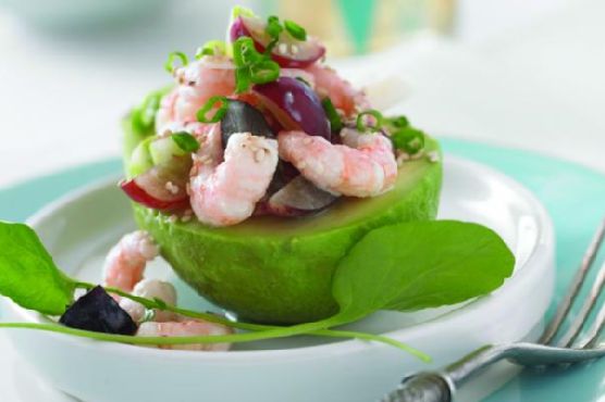 Tropical Avocado Salad with Grilled Shrimp and Toasted Coconut recipe by Meaghan Moineau