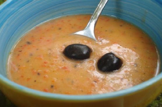 Velvety Potato and Roasted Red Pepper Soup with Olive Tapenade Swirl recipe by Meaghan Moineau