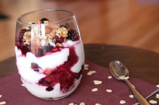 Balsamic Glazed Mixed Berry Yogurt Parfait with Toasted Almond Crumble recipe by Meaghan Moineau