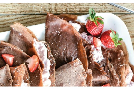 Gourmet Strawberry Cheesecake Crepes with Dark Chocolate Ganache recipe by Meaghan Moineau