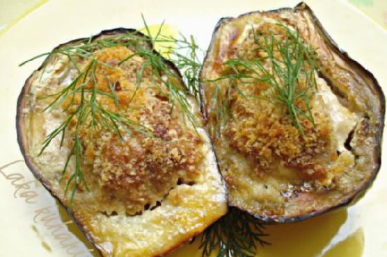 Mediterranean Stuffed Eggplants with Spiced Sausage and Herb-Crust recipe by Meaghan Moineau
