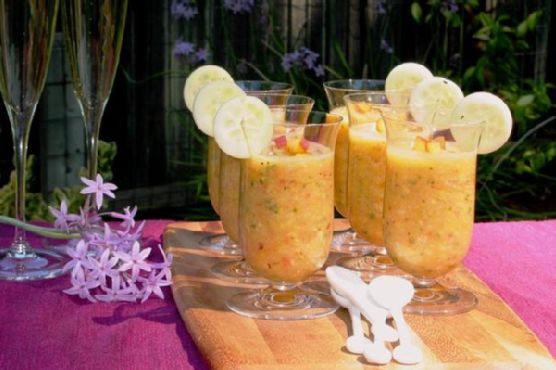 Spicy Peach & Golden Tomato Gazpacho with Grilled Corn recipe by Meaghan Moineau