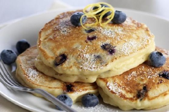 Lemon Ricotta Blueberry Pancakes with Honey-Lavender Syrup recipe by Meaghan Moineau