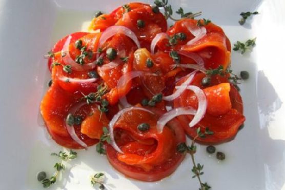 Harissa-Infused Roasted Red Pepper and Heirloom Tomato Salad recipe by Meaghan Moineau