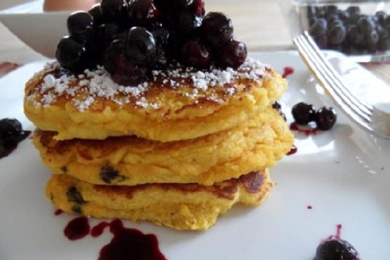 Tropical Coconut Flour Pancakes with Spiced Mango-Blueberry Compote recipe by Meaghan Moineau